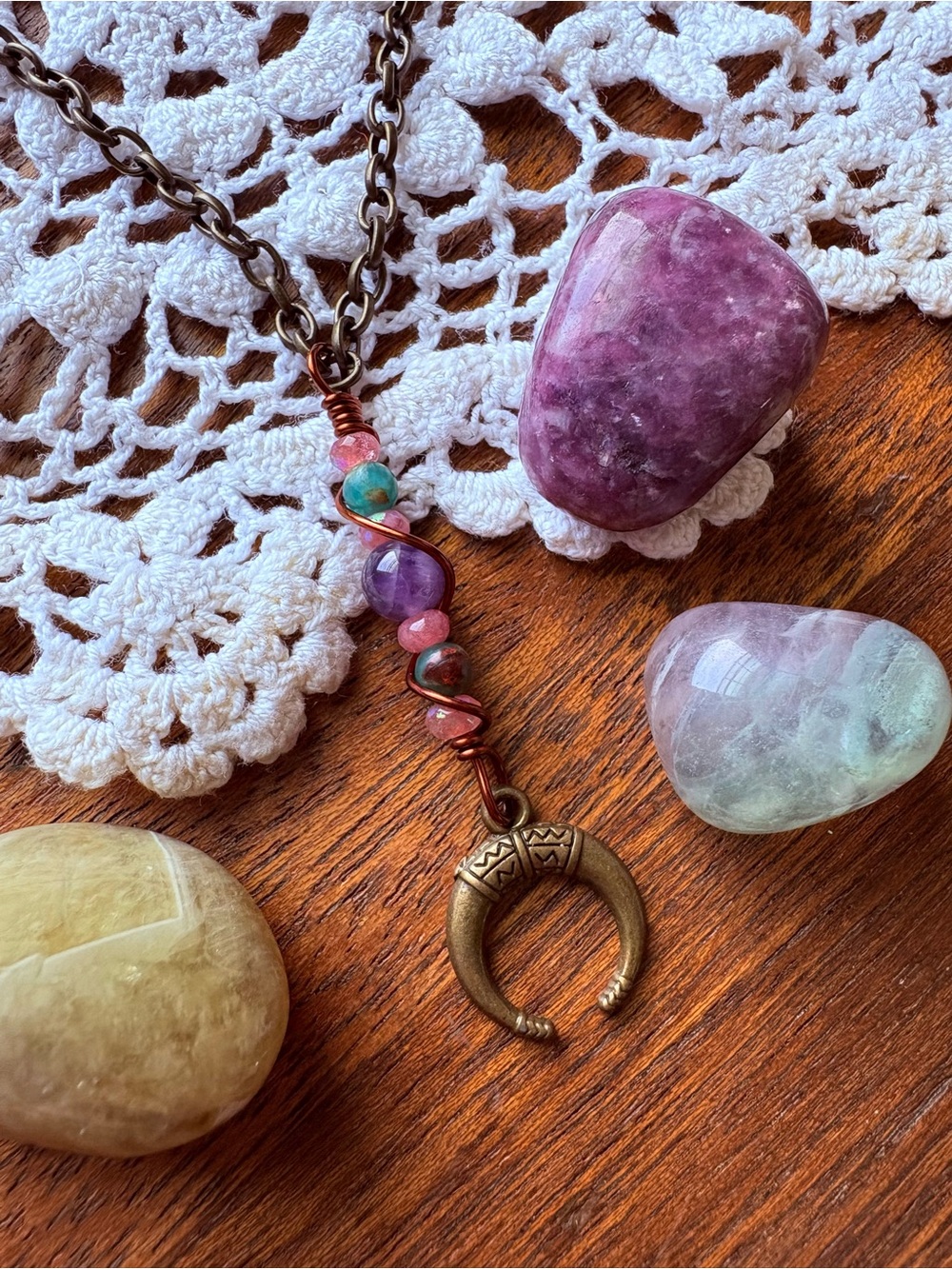 Handmade OOAK Boho Wire Wrapped Bronze Beaded Crescent Horn Pendant Necklace